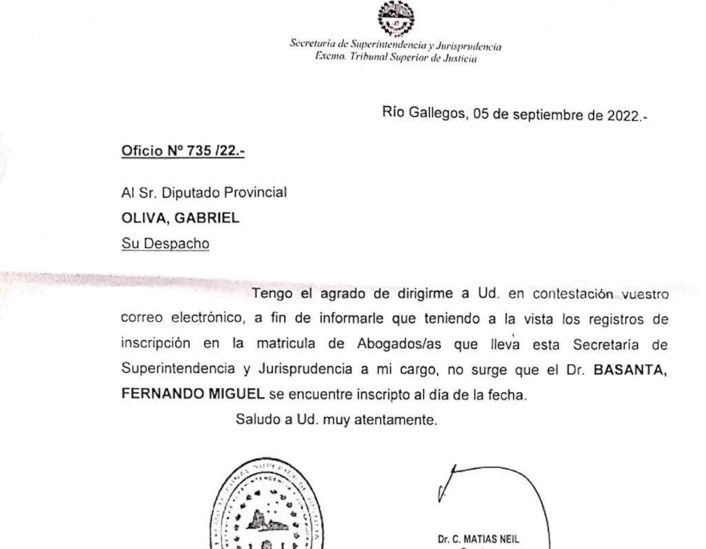 Confirmada nuestra información del 15 de julio/22, Fernando Basanta, candidato puesto por el Ejecutivo para el STJ, no está matriculado en Santa Cruz