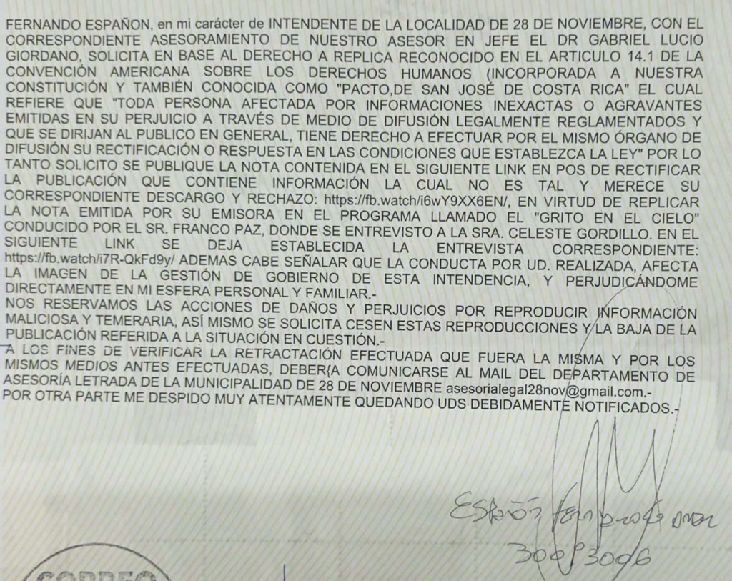 El intendente contraataca: dos cartas documentos a un medio de la cuenca por ventilar una denuncia contra Fernando Españón de parte de una ex empleada