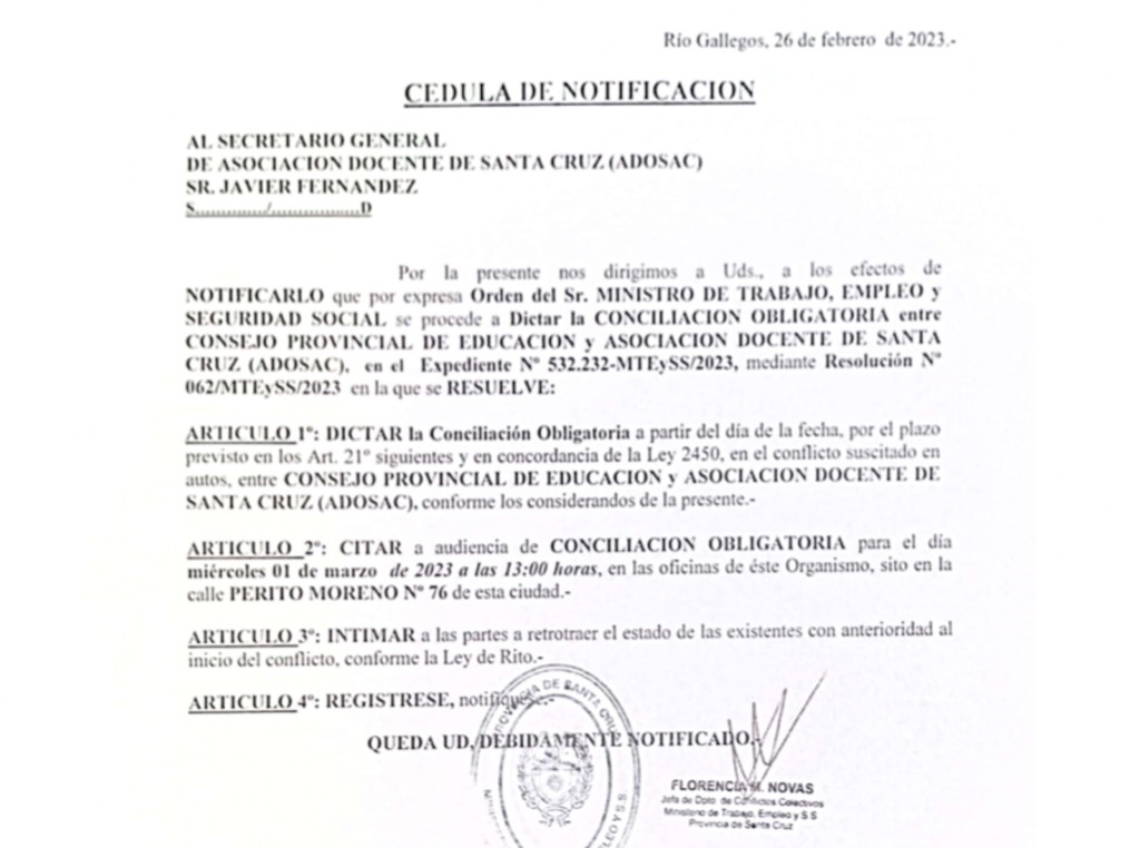 Cédula de notificación enviada a ADOSAC - Foto: