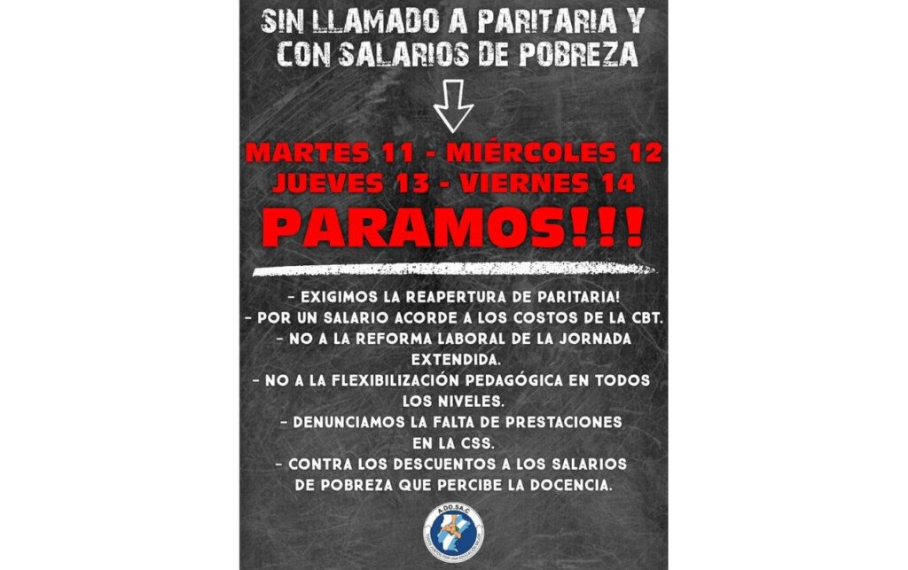 Paro docente por 96 horas, por falta de acuerdo entre las partes