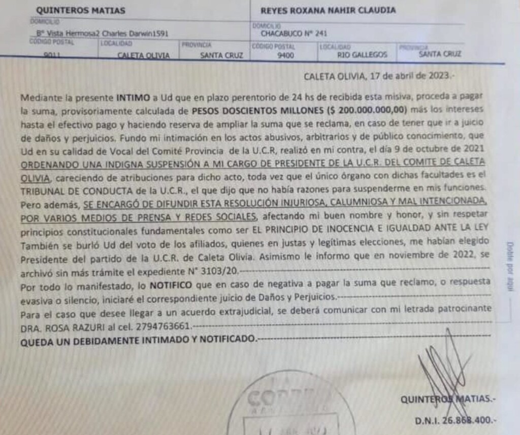 Carta documento de Quinteros a Roxana Reyes - 