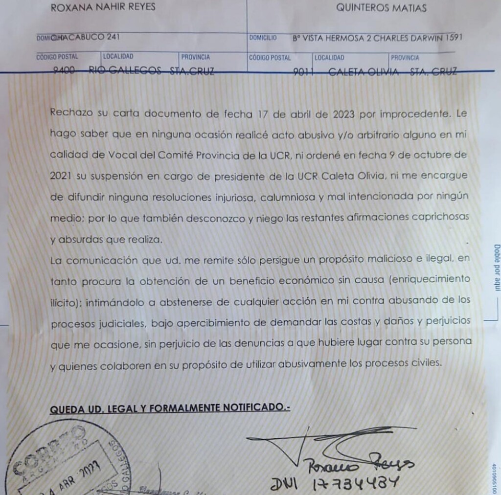 Carta documento rechazando la denuncia de Quinteros -