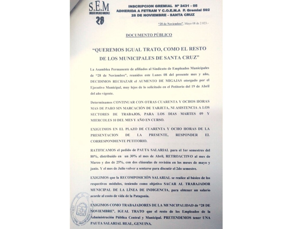 Municipales de 28 de Novimebre emplazaron al Intendente Españón a resolver la cuestión salarial o recrudece el paro