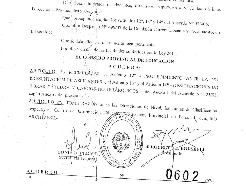 El Acuerdo Nº 0602 del 12 de diciembre del 2007
