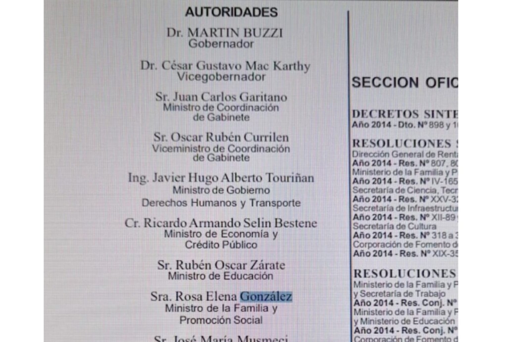 Boletín Oficial del 2015 en cuyo protocolo figura Rosa González, como Ministra del Menor y la Familia en Chubut