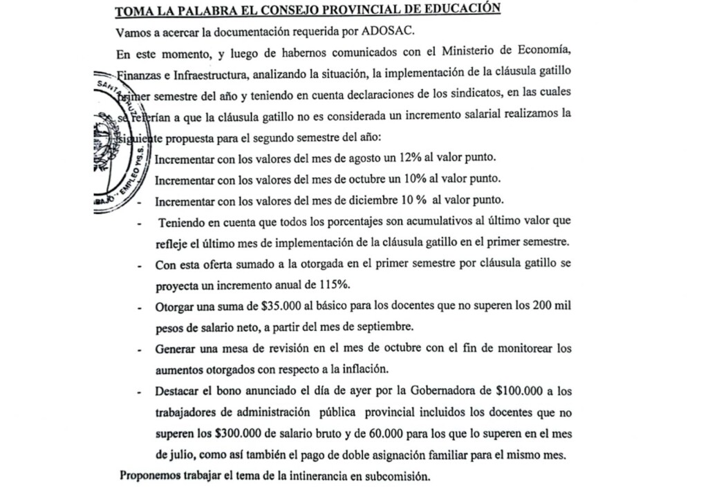 Paritaria docente, el ofrecimiento del gobierno provincial a los gremios docentes -