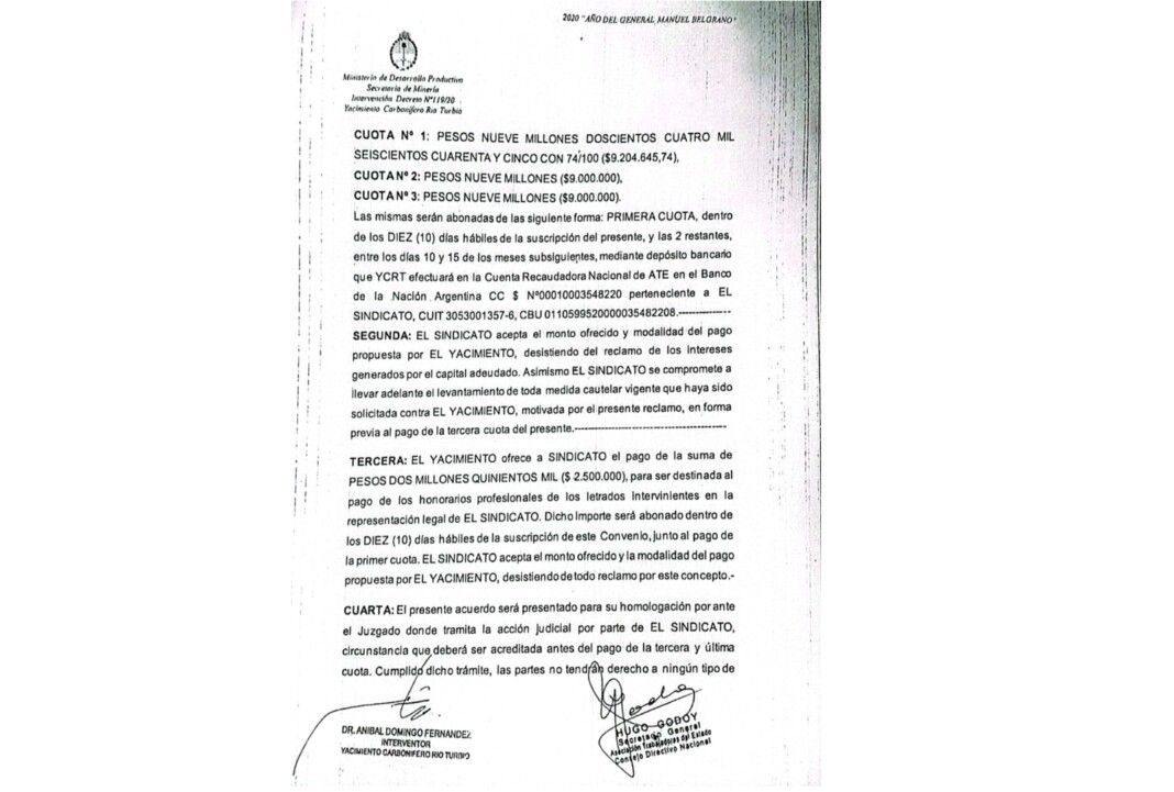 Los más de 27 millones de pesos pagados por YCRT a ATE, fueron parte de un acuerdo homologado por Aníbal Fernández y Hugo Godoy