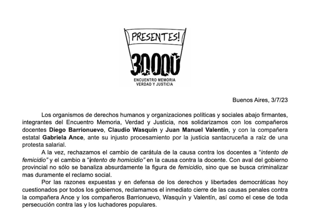 Veintidós organizaciones política y de DDHH firmaron documento en contra de la imputación de “Tentativa de femicidio” a los docentes de Santa Cruz