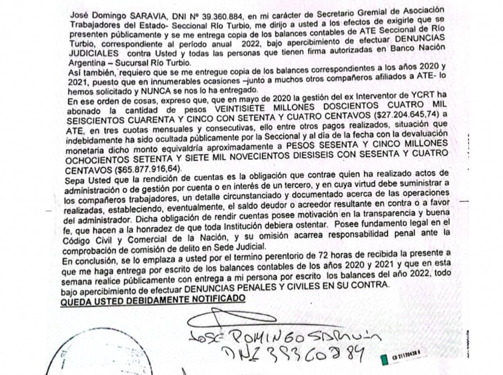 Le reclaman a dirigentes de ATE Río Turbio un monto de 27 millones de pesos que YCRT abonó en aportes sindicales y no hay rendición del destino de los fondos