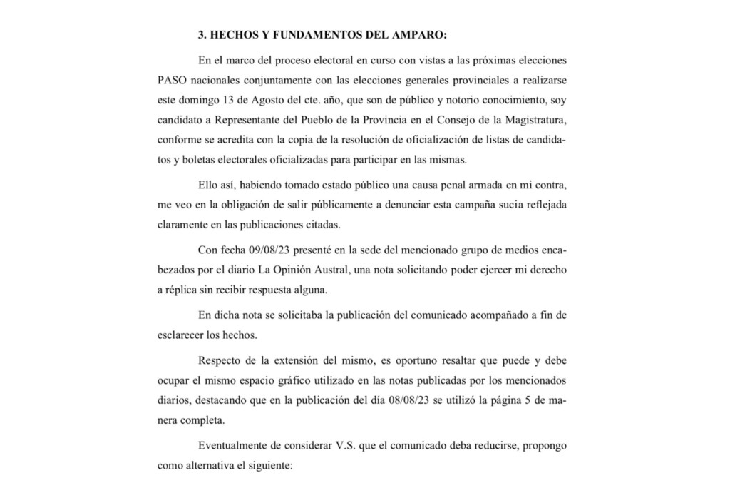 Abogado local y candidato denunció al diario La Opinión Austral y presentó un Amparo en la justicia por los dichos y títulos vertidos en tres notas periodísticas