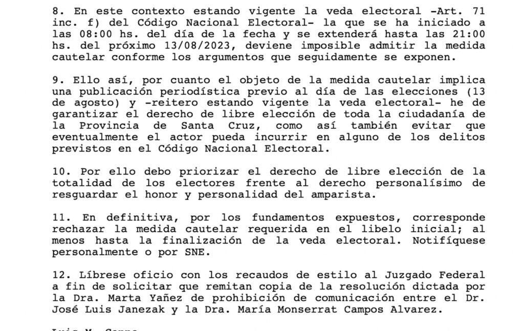 La justicia no autorizó el Derecho a Réplica de José Luis Janezak en el diario La Opinión Austral, hasta el día después que transcurran las elecciones