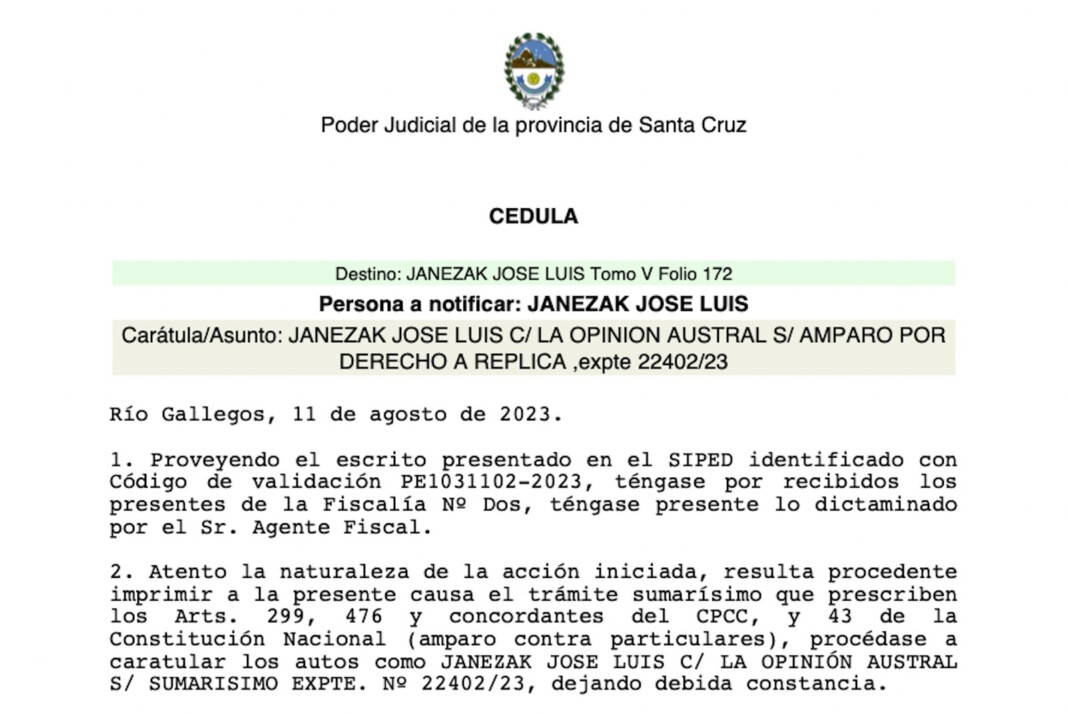 La justicia no autorizó el Derecho a Réplica de José Luis Janezak en el diario La Opinión Austral, hasta el día después que transcurran las elecciones