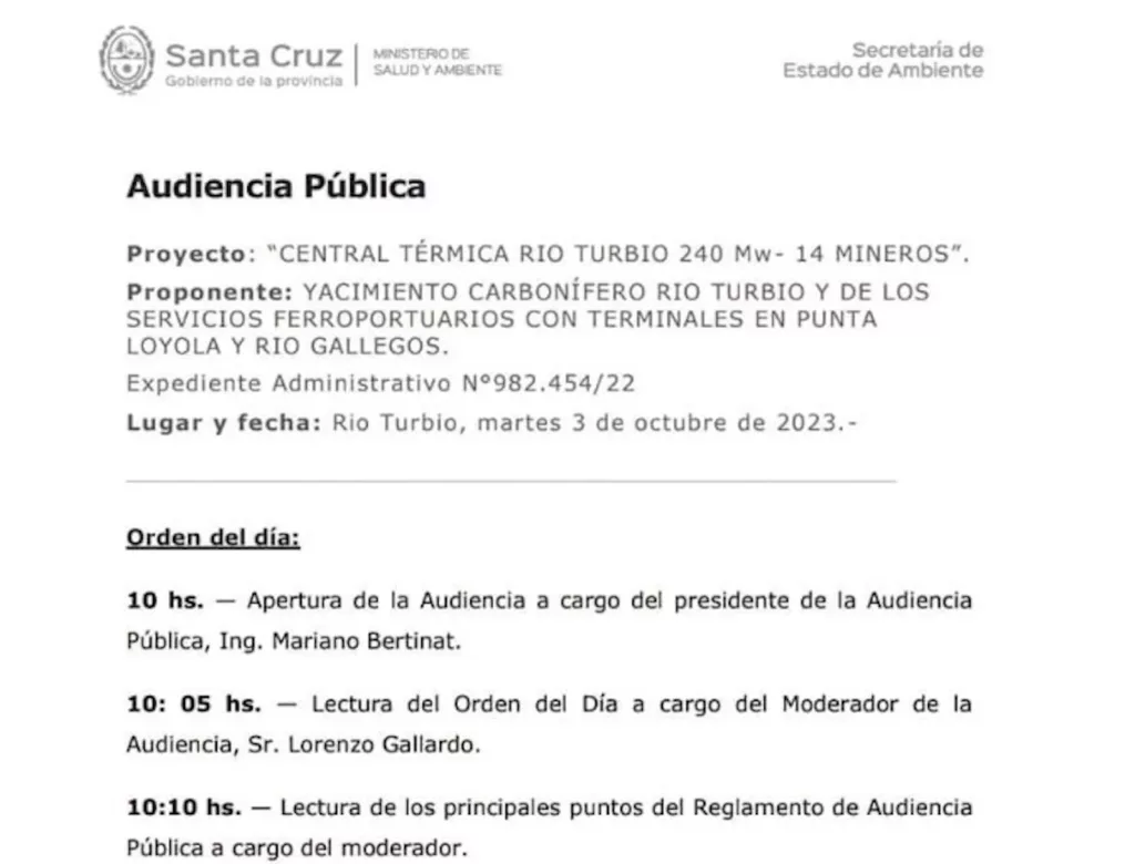 Programa de la Audiencia Pública convocada para mañana en la Usina de 240 Mw necesario y exigido por CAMMESA para la generación continua