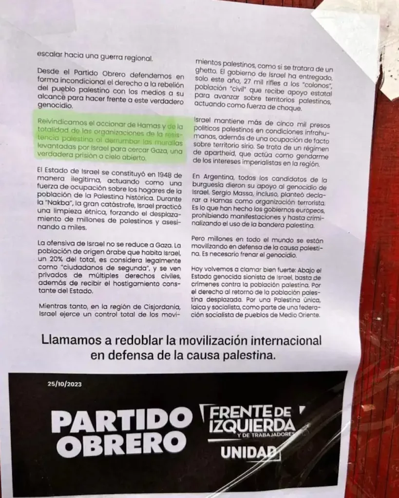 El Partido Obrero escribió que apoya al terrorismo de Hamas (Hesbolá o Isis) y luego se arrepintió y sacó el párrafo de su comunicado