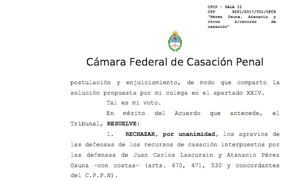 Aquí el fallo de la Cámara Federal de Casación contra Osuna, Lascurain, Larregina y Vargas