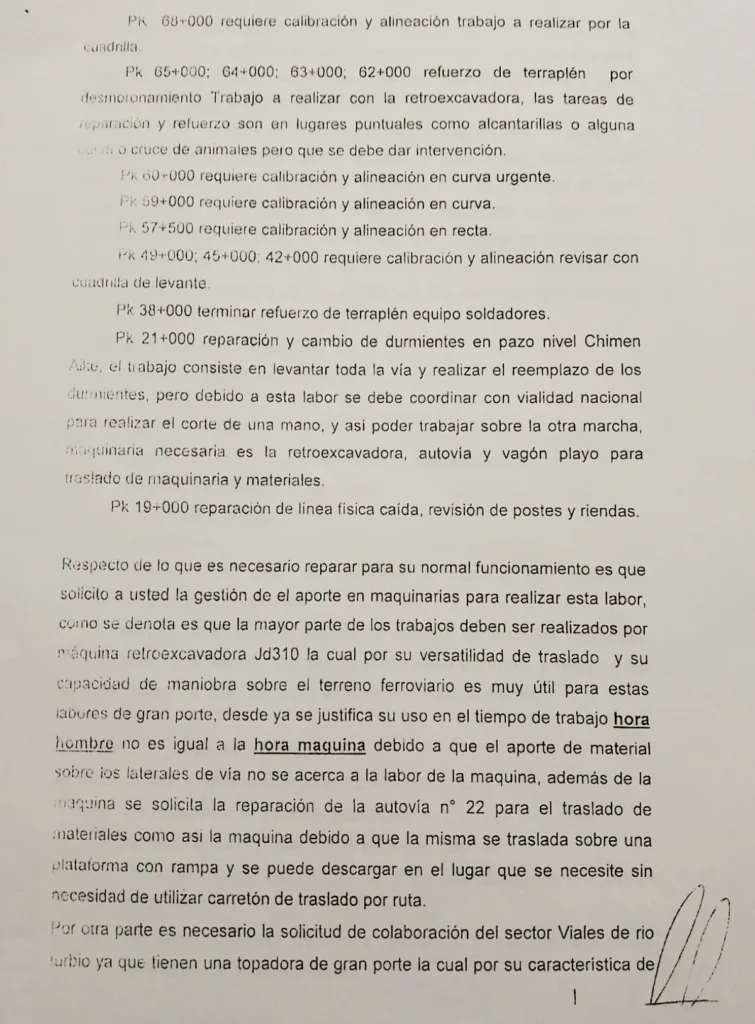 Las pruebas de que el documento que le entregó Vidal a Milei es trucho e incompleto, surge del informe situacional del ramal ferroviario de YCRT, Río Turbio - Punta Loyola