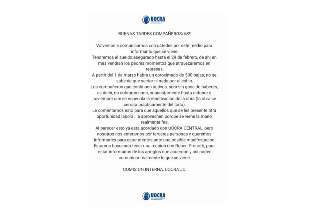La Comisión interna de la UOCRA en Represas comunicó posible suspensión de las obras y despido de 500 trabajadores