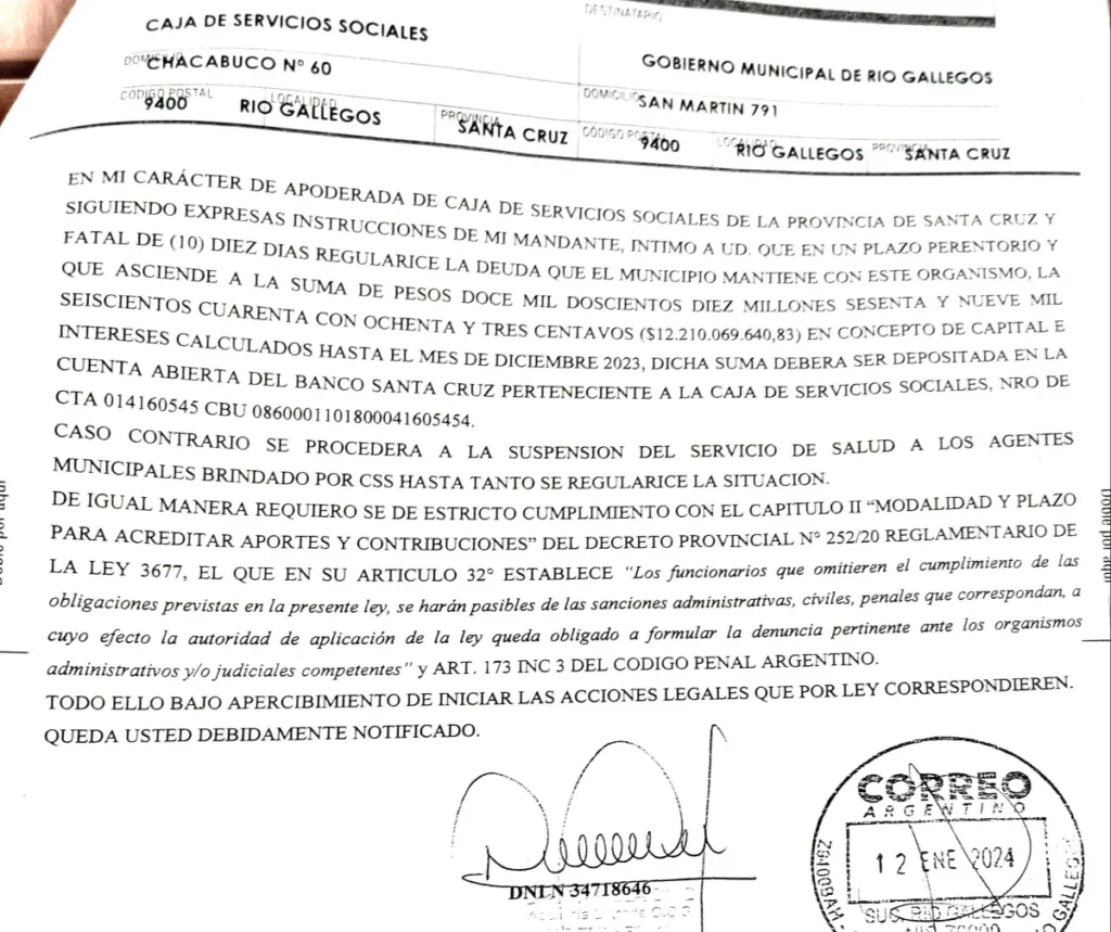 Carta Documento al Intendente de Río Gallegos, Pablo Grasso