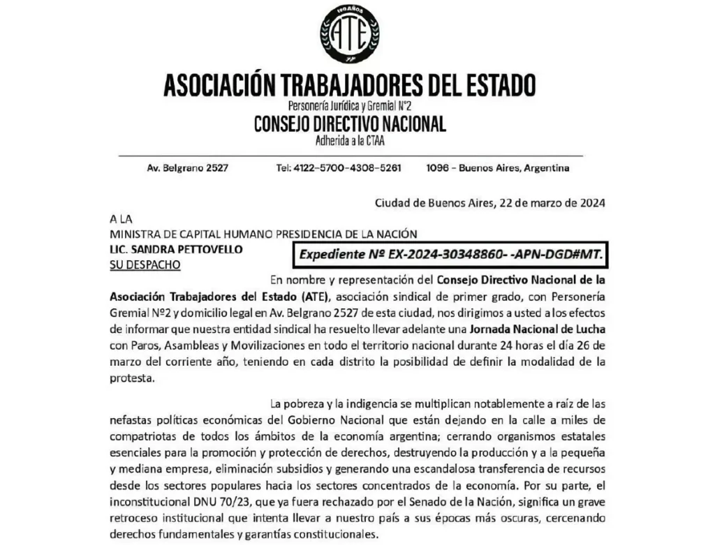 ATE Santa Cruz junto con otros gremios, organizaciones estatales de origen nacional, en alerta y movilización en contra de los despidos y cierres del gobierno nacional