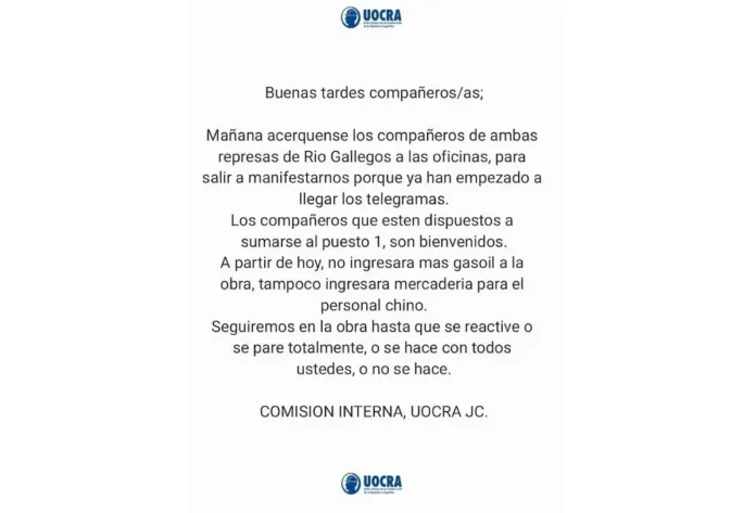 UOCRA amenaza con bloquear hasta la entrada de alimentos para los chinos y la UTE derrama dulzura hacia el gobierno, para sostener la ilusión de que llegarán los fondos