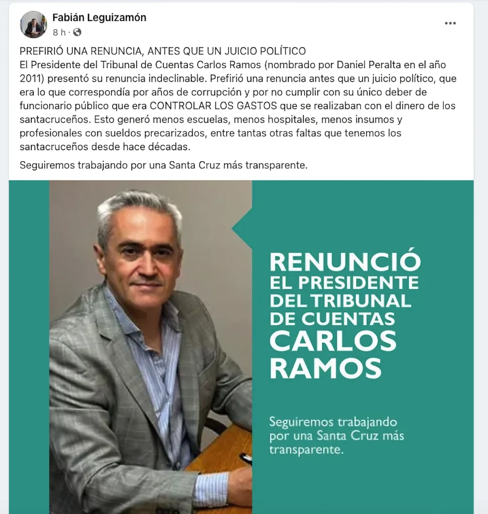 La publicación del Vicegobernador Fabián Leguizamón en su red social Facebook - 