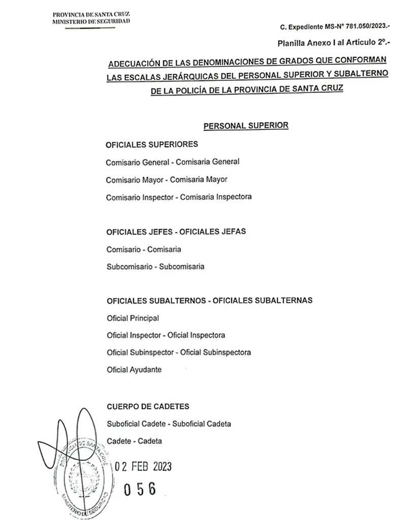 El Gobierno provincial anuló dentro de la policía, la diferencia de género en los títulos y Grados de la Repartición, que se aplicaba en la gestión de Alicia Kirchner
