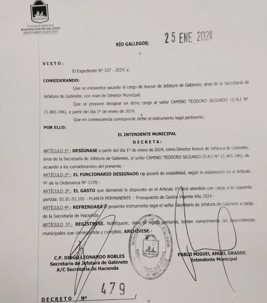 El decreto nombrando a Teodoro Camino en el municipio de Río Gallegos 