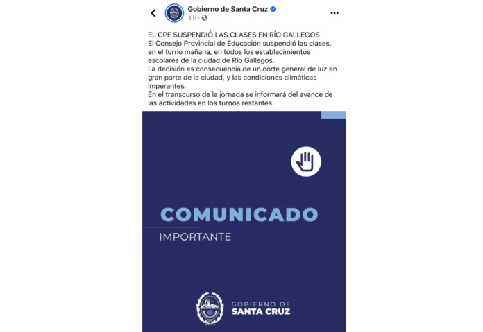 Por lluvias y cortes de energía se suspendieron las clases en Río Gallegos