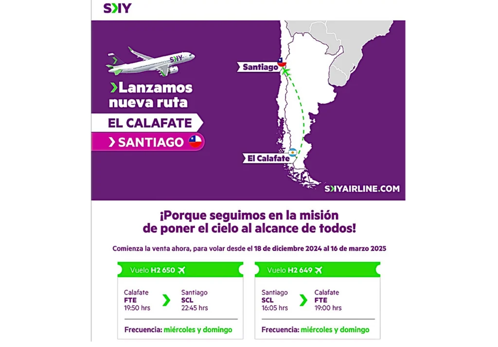 Sky Airline lanza ruta directa entre Santiago de Chile y El Calafate a partir de diciembre