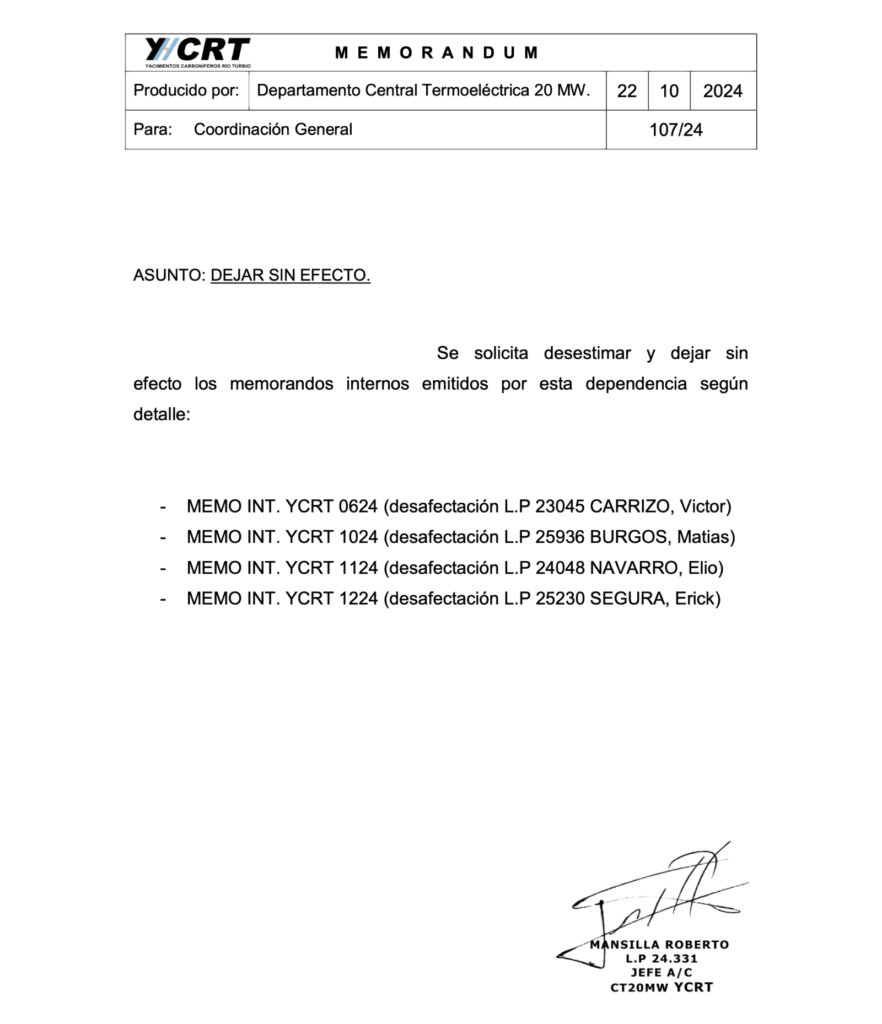 El Interventor de YCRT dejó sin efecto los memorandum desafectando personal en la Usina 21 Mw