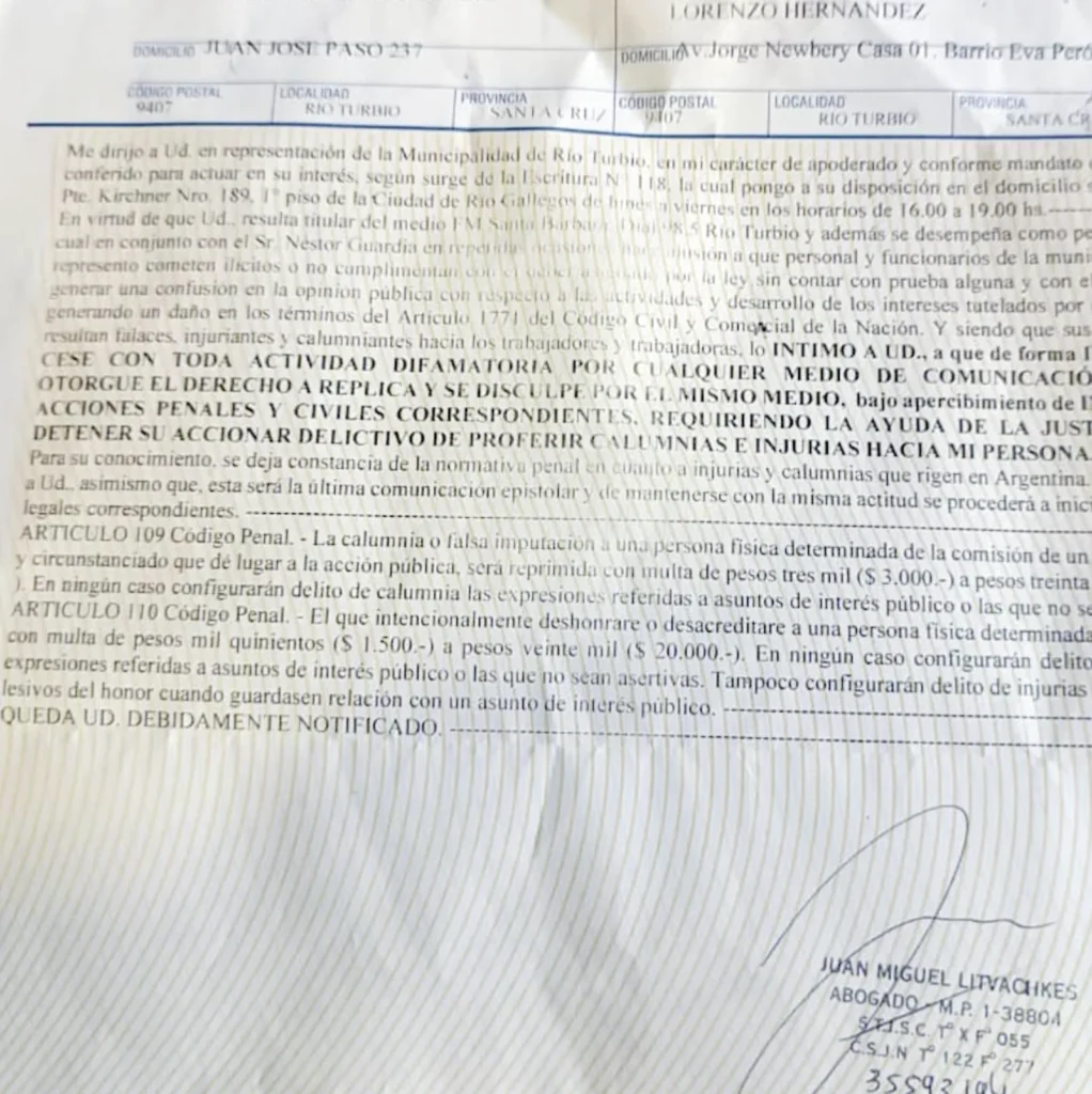 El Intendente de Río Turbio, Darío Menna intimó a un periodista de esa localidad por presunta campaña difamatoria