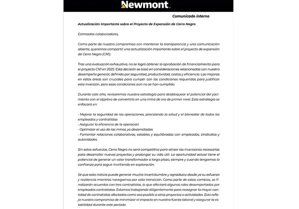 Newmont ¿Advertencia real o apriete?. La minera investigada por la inseguridad en Cerro Negro, se involucra en un juego que suena extorsivo