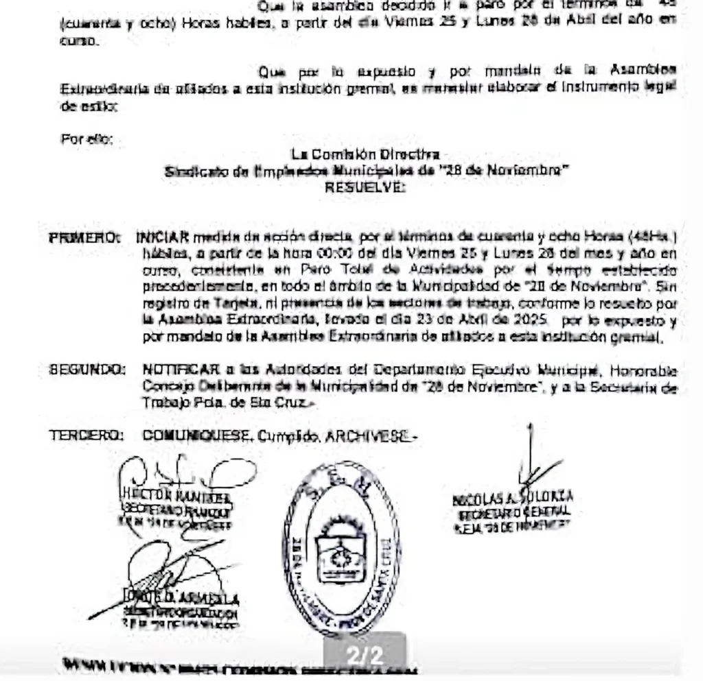 Paro municipal en la localidad de 28 de Noviembre