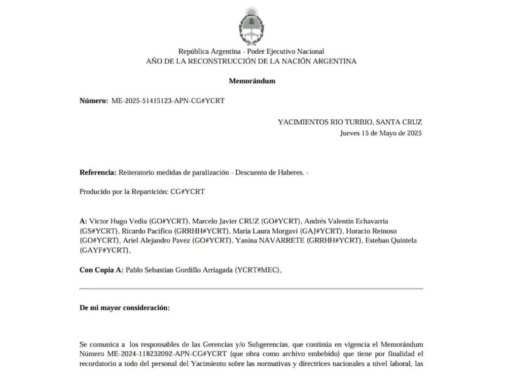 Desde Nación comunicaron a Gerencias, Subgerencias y al Interventor Gordillo, que habrá descuentos de haberes si no se cumplen los objetivos de la empresa