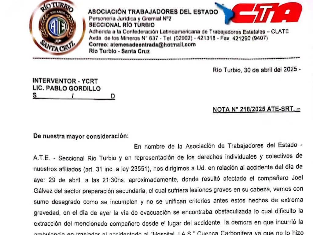 En YCRT, ATE inició paro/retención de tareas hasta que se normalicen las condiciones de seguridad de la mina