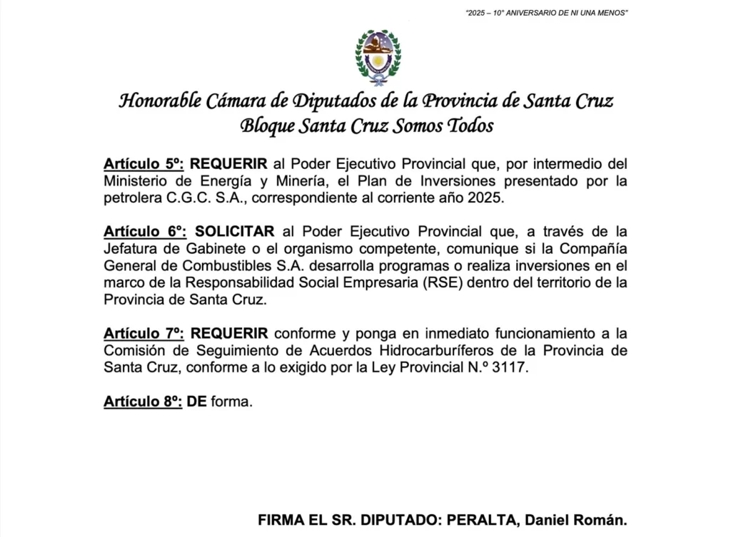 La Cámara de diputados aprobó por unanimidad un pedido para que CGC informe sobre inversiones, puestos de trabajo, cumplimiento ambiental y regalías en la provincia