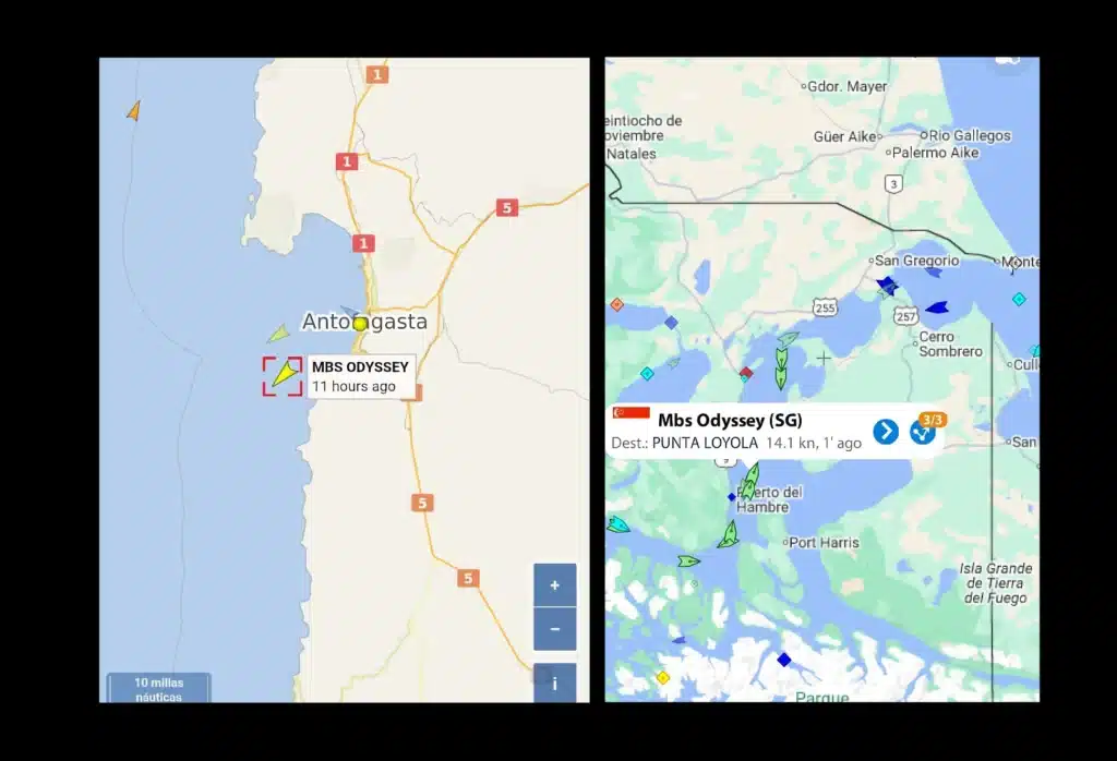 El buque Mbs Odyssey el miércoles en Antofagasta el viernes en Punta Arenas Chile - 