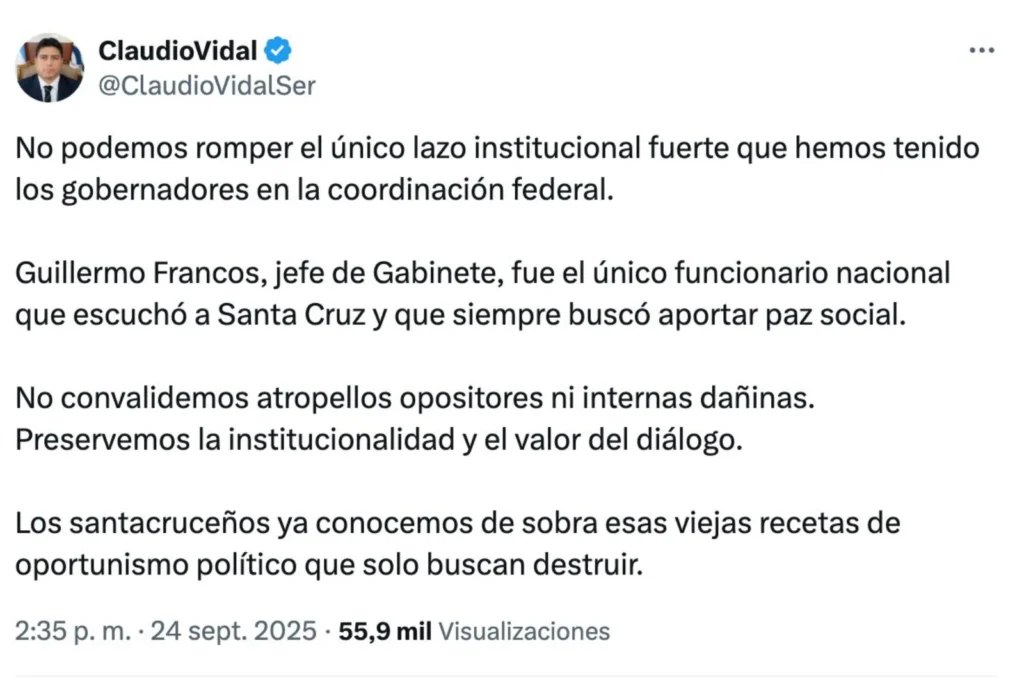 Vidal “cuida a Francos” su hilo de plata con el gobierno nacional, a riesgo de romper el frente federal de gobernadores