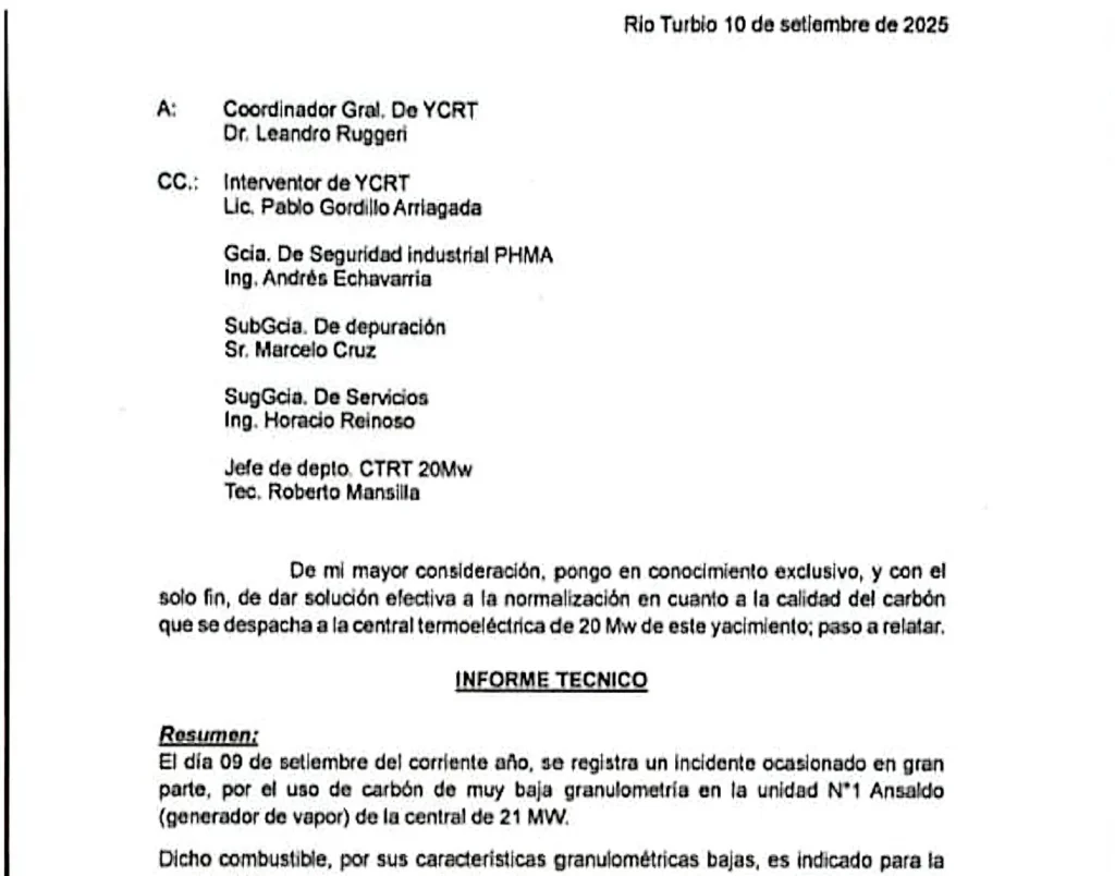La Usina de 21Mw de YCRT no funciona por uso del carbón inadecuado. Repararla implica una inversión millonaria. Los sindicatos y Gordillo siguen en silencio