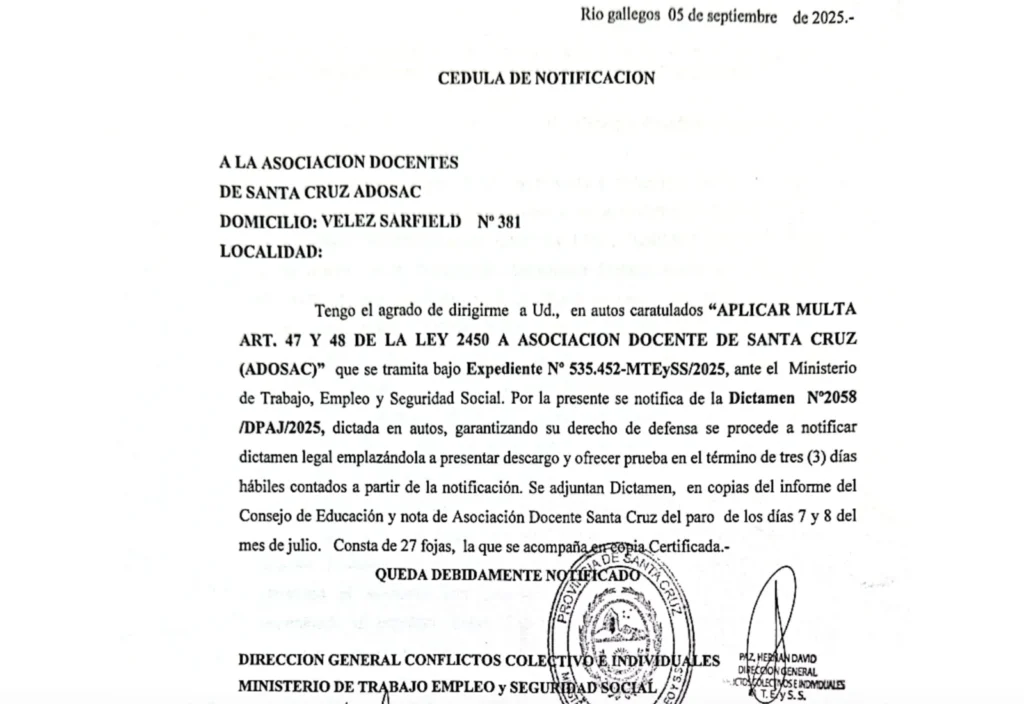 ADOSAC fue multada con 10.700 millones de pesos por el Ministerio de Trabajo de la provincia