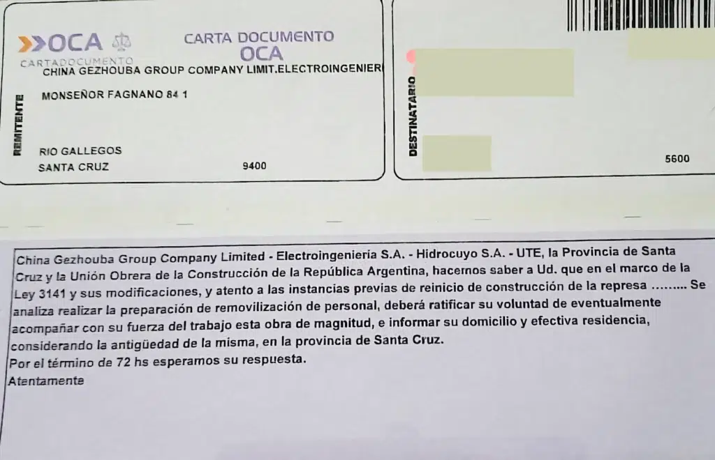 Cartas documentos enviadas a personal de Represas que no aseguran nada y solo baten el parche esperanzador de que algo puede pasar con la obra