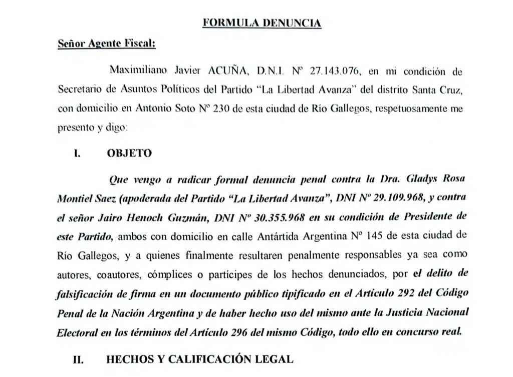 Formalizaron denuncia Penal contra la cúpula de La Libertad Avanza en Santa Cruz por falsificación de firmas