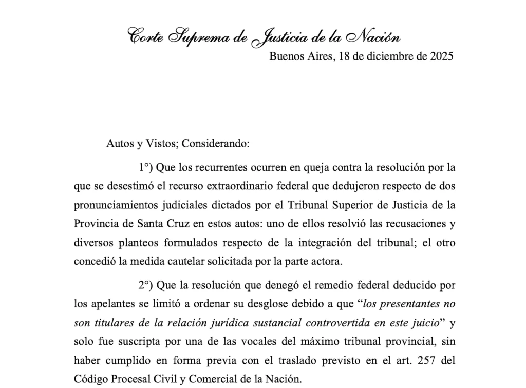 La Corte Suprema de Justicia declaró “inexistente” lo resuelto por el STJ de Santa Cruz y le pide que respete las normas procesales