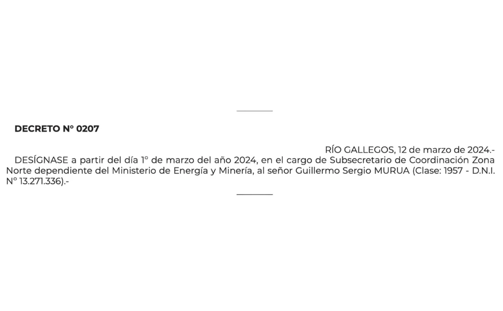 Sergio Guillermo Murúa, en cuyo sello figura como Subsecretario Coordinador zona norte del Ministerio de Energía y Minería