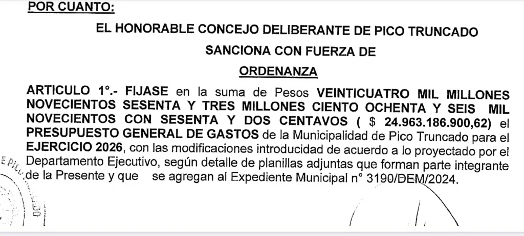 El Concejo Deliberante de Pico Truncado aprobó el presupuesto municipal para el periodo 2026