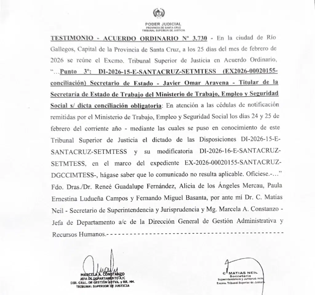 Fallo del STJ de la provincia contra un pedido de conciliación del Ministerio de Trabajo. Argumento mitad técnico y mitad político