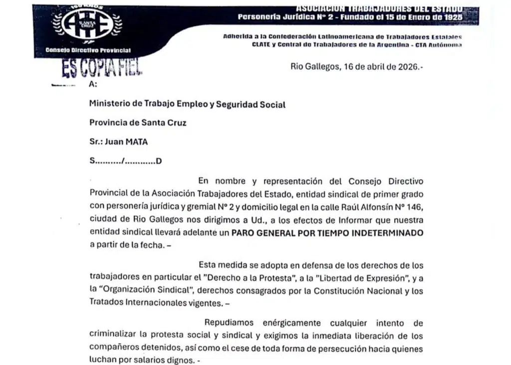 ATE provincial declaró paro general por tiempo indeterminado en Santa Cruz