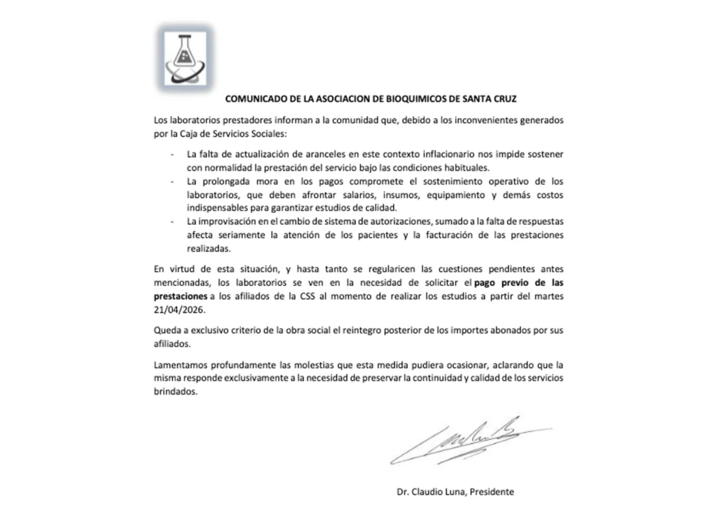 La Asociación de Bioquímicos cortó el servicio a la CSS. Desde ayer, el afiliado debe pagar (de forma particular) $ 271.500,00 por un análisis básico que le indique un médico