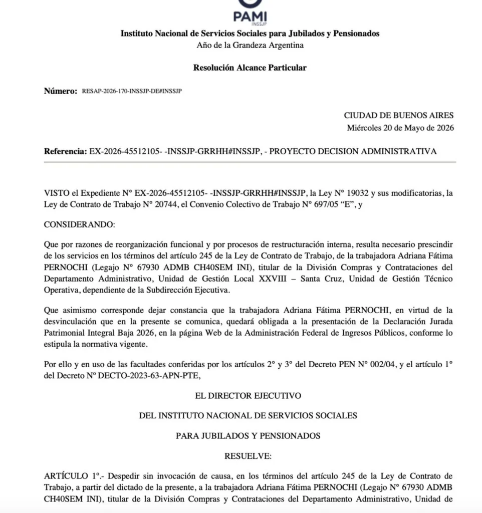 El PAMI Santa Cruz echó sin causa a una empleada de 10 años