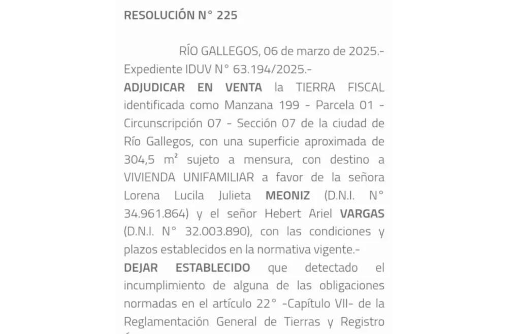 Por Resolución N° 225 del 06 de marzo de 2025 (Expediente IDUV N° 63.194/2025) el IDUV